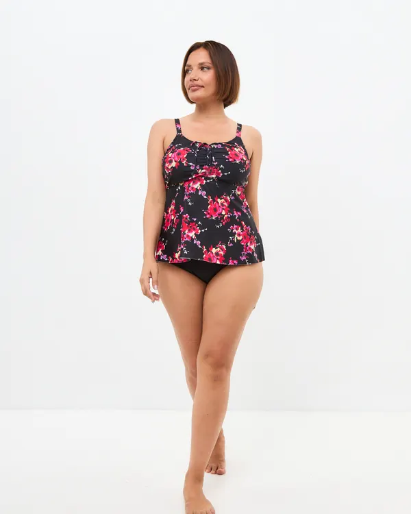Inga tankini, full-length front view with black bottom