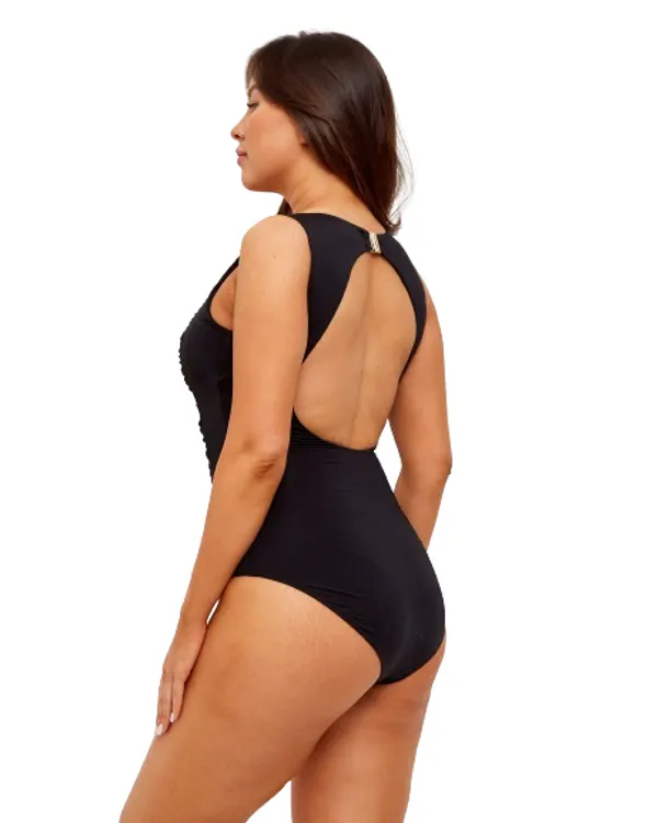Nadia swimsuit in black, open back with a ring detail