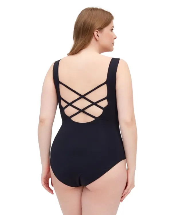 Nadia swimsuit in black, back view with crossed straps